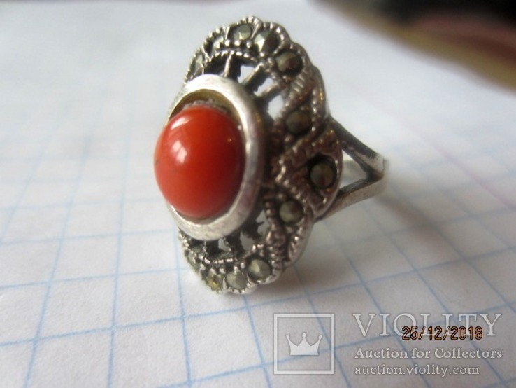 Кольцо серебро, маркизет коралл, фото №2