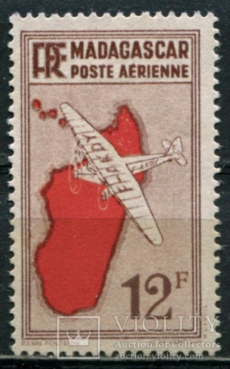 1935 Французские колонии Мадагаскар Авиапочта - Самолет над островом 12fr