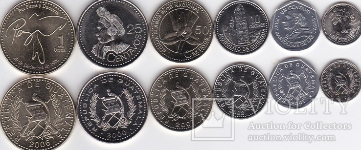 Guatemala Гватемала - 1 5 10 25 50 Centavos 1 Quetzal 2000 - 2008 UNC набор 6 монет