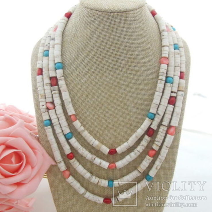 3-х рядное ожерелье с цветными кораллами и бирюзой, фото №2