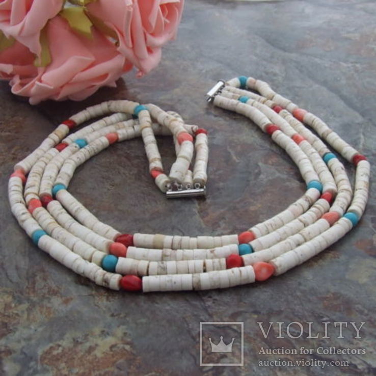 3-х рядное ожерелье с цветными кораллами и бирюзой, фото №4