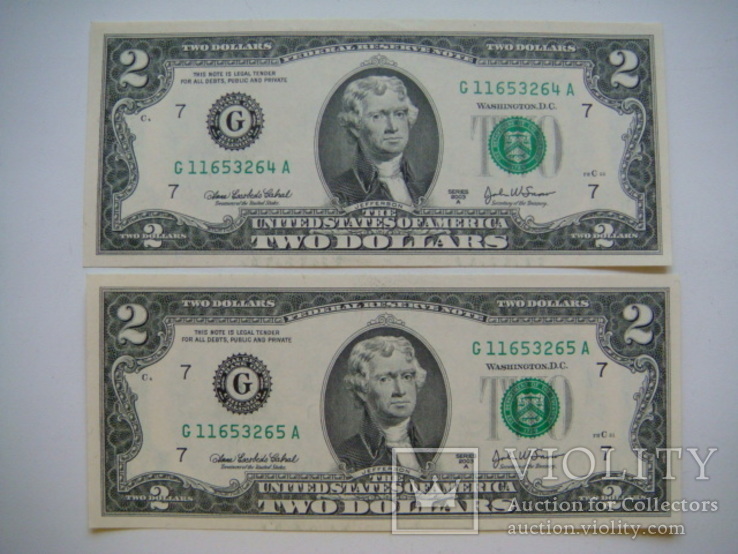 2 банкноты по 2 доллара США, фото №2