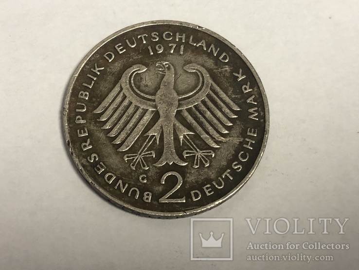 Монета 2 марки Германии 1971 г. G (Конрад Аденауэр), фото №7