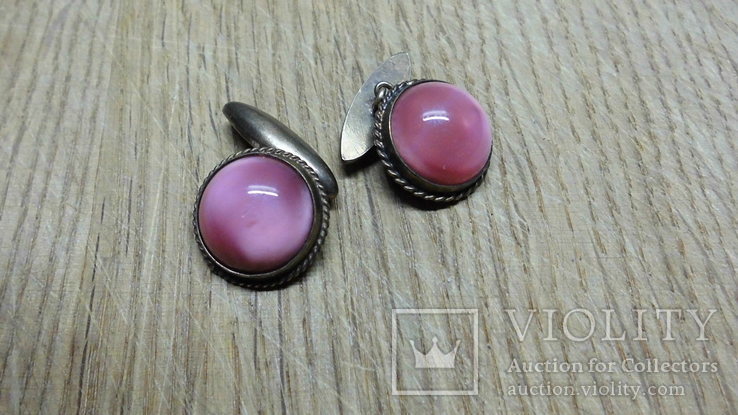 Винтажные мужские запонки (розовый камень, серебро 875 пробы)