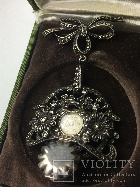Серебряная брошка-часы с камнями, фото №4