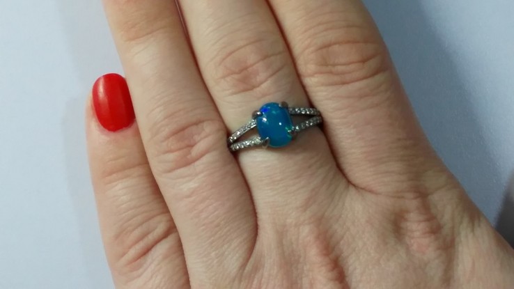 Кольцо серебряное 925 натуральный голубой огненный опал, цирконий., фото №7