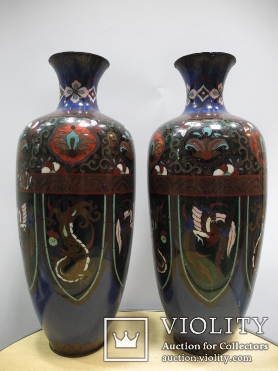  Японские парные вазы Клуазоне Эпоха Мэйдзи 19 века ( выс 35 см ), фото №2