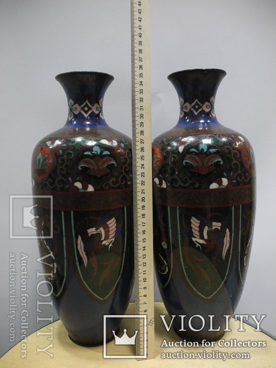  Японские парные вазы Клуазоне Эпоха Мэйдзи 19 века ( выс 35 см ), фото №12