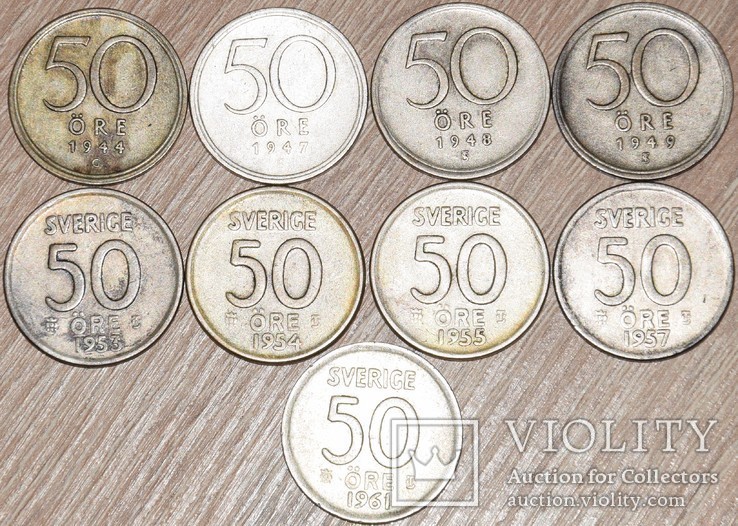 50 эрэ Швеция 9 штук разных годов (серебро)