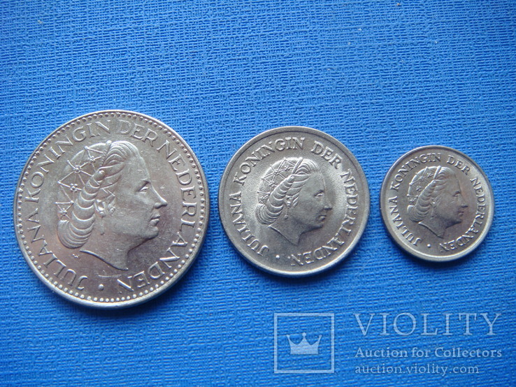 Монеты Нидерландов( 1 гульден 1968г. 25 центов 1966г. 10 центов 1966г.), фото №2