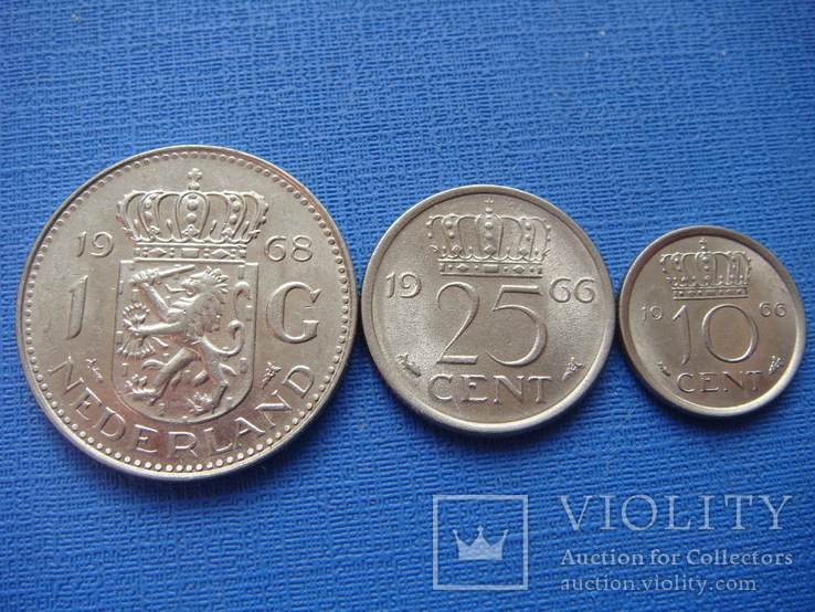 Монеты Нидерландов( 1 гульден 1968г. 25 центов 1966г. 10 центов 1966г.), фото №3