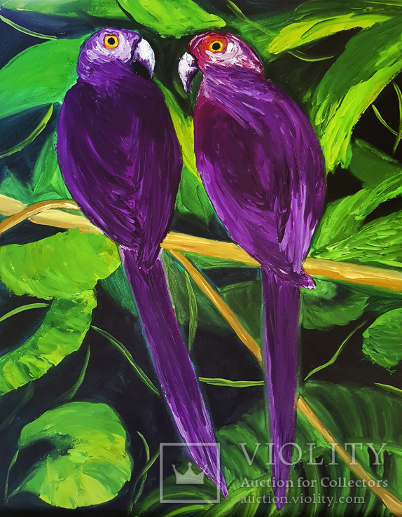 Картина маслом "Тропические попугаи" р 35*45 / оргалит, фото №2