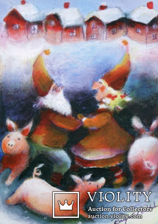 Набор открыток зимние Новый год гномы красные шапочки и колпаки, фото №3