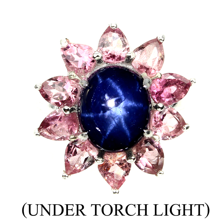  Кольцо серебряное 925 натуральный звездный сапфир, розовый турмалин., фото №2