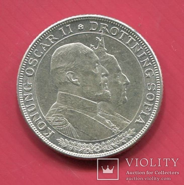Швеция 2 кроны 1907 серебро Юбилейные, фото №2