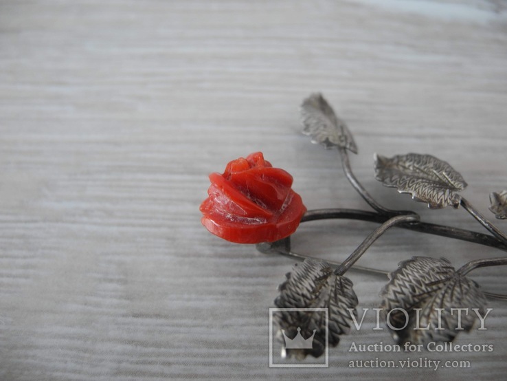 Брош Роза ( серебро 800 пр, вес 5.15 гр) Коралл, фото №4