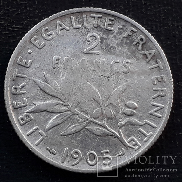 2 франка, Франция, 1905 год, серебро, 835-я проба, 10 грамм
