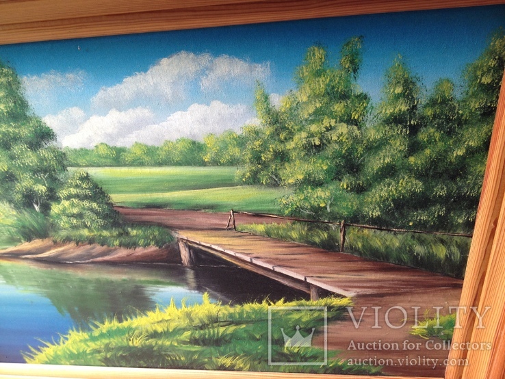 Речной пейзаж картина в раме творчество искуство мостик речка, фото №8