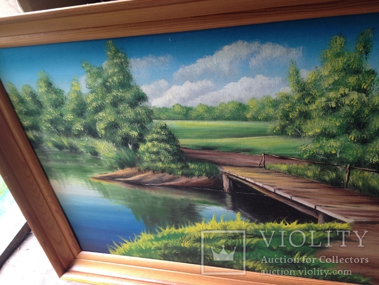 Речной пейзаж картина в раме творчество искуство мостик речка, фото №9