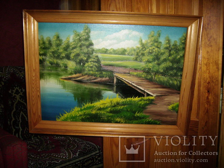 Речной пейзаж картина в раме творчество искуство мостик речка, фото №2