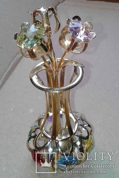 Позолоченная ваза с цветами с австрийскими цветными кристаллами AWAT, фото №2