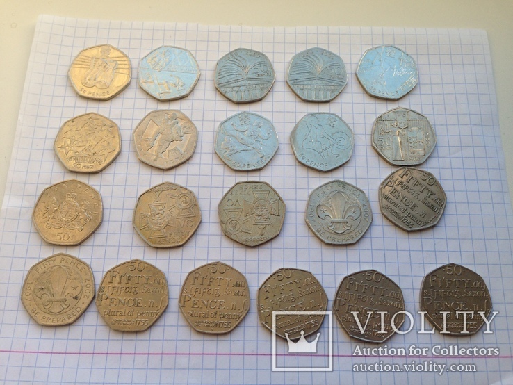 Юбилейные монеты по 50 пенсов UK 21 шт.