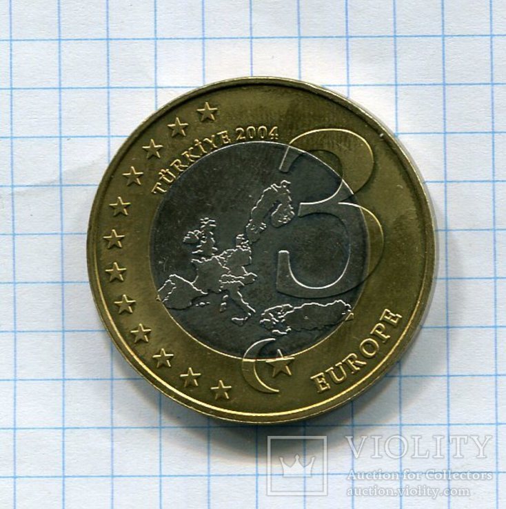Турция 3 евро 2004 UNC биметалл Ататюрк, фото №3