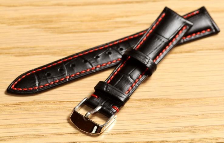 Ремешок для часов Hightone из натуральной кожи. 18 мм, Черный с красной строчкой, фото №3