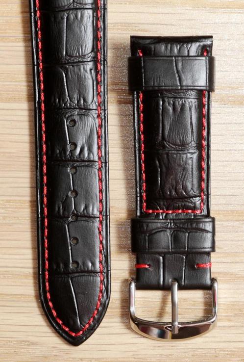 Ремешок для часов Hightone из натуральной кожи. 24 мм, Черный с красной строчкой, фото №2