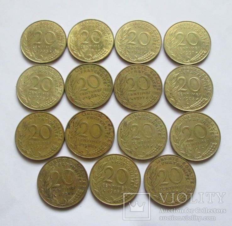 20 сантимов. 15 монет, фото №2