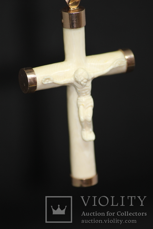 Православный крест из бивня Мамонта, золота и кожаного шнурка, фото №3