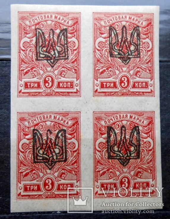 1918 г. Надпечатка Тризуба. Одесса. Квартблок (**)