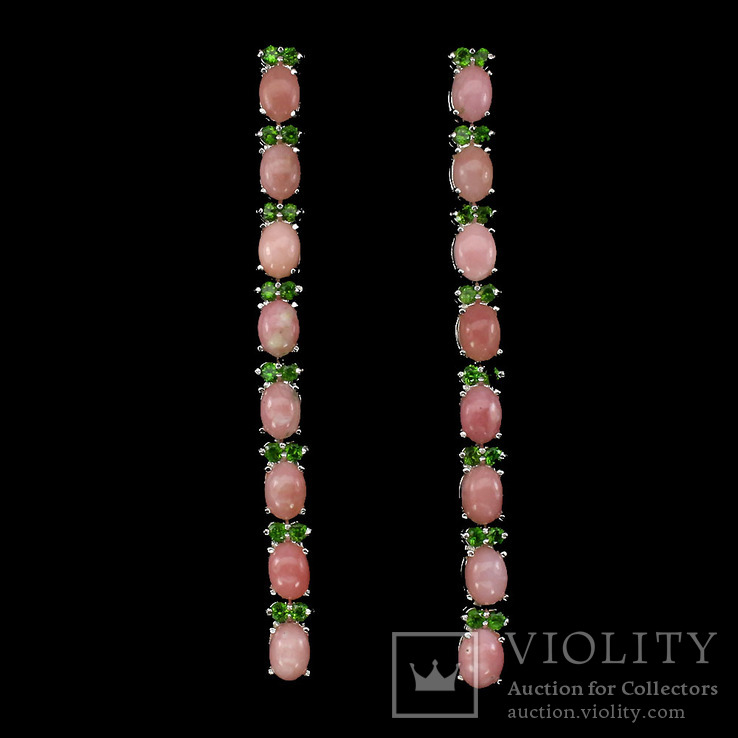 Серьги с натуральными розовыми опалами и хромдиопсидами, фото №2