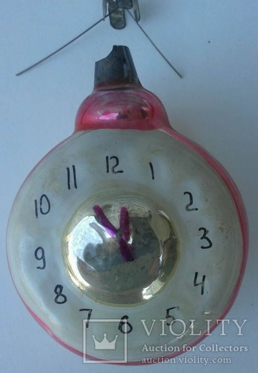 Старая ёлочная игрушка СССР из стекла - часы  .