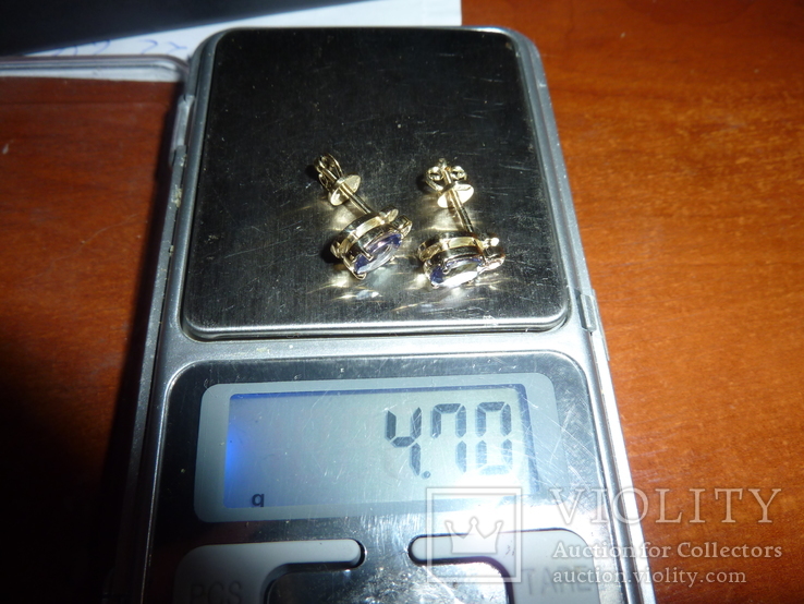 Золотые серьги с натуральными танзанитами и бриллиантами, фото №3