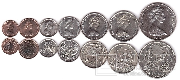 New Zealand Новая Зеландия набор 7 м. 1 2 5 10 20 50 Shilling 1 Dollar 1969 aUNC / UNC