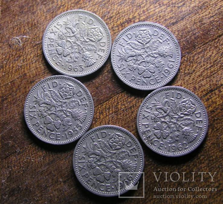 Лот из 5 монет, 6 пенсов Великобритания ;1955, 1956, 1961, 1962, 1963, фото №3