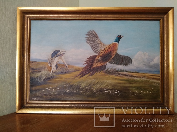 Картина "Охота на фазана".Европа. 92*62 см. Холст. Масло. Подпись., фото №2