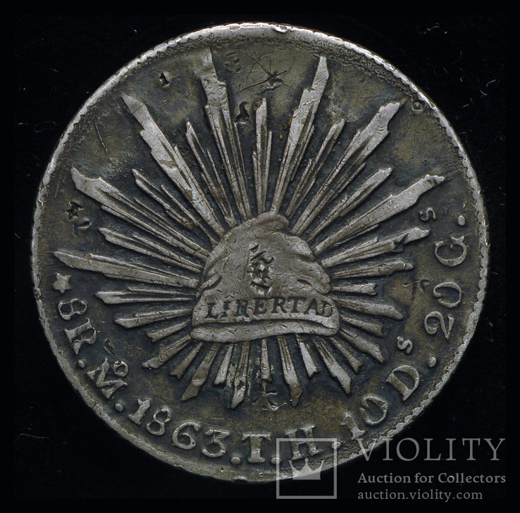 Мексика 8 реалов 1863 серебро чопмарки