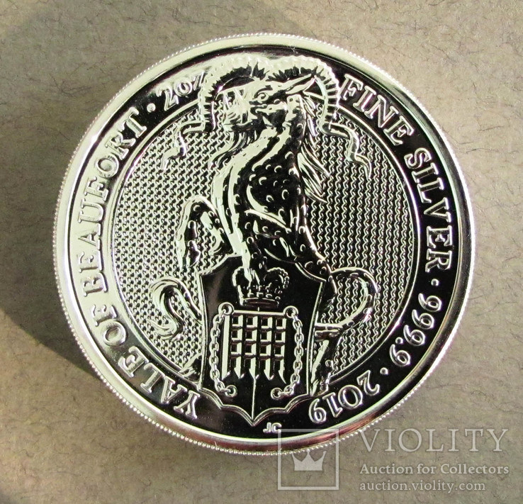 2019 Великобритания 2 фунта "Йель Бофорта" (Козел) Серебро 2 унции "Звери королевы"