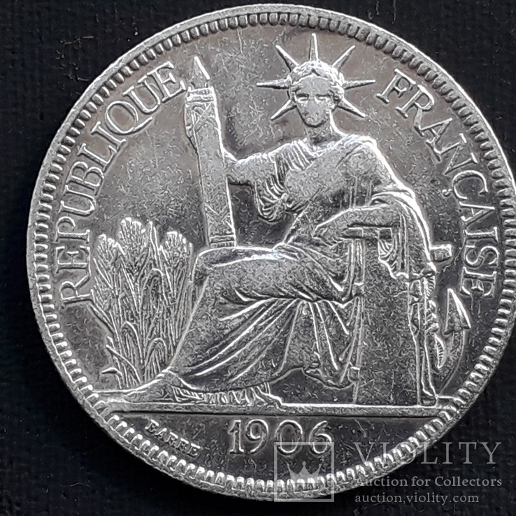 1 пиастр, Французский Индокитай, 1906 год, серебро 900-й пробы, 27 грамм