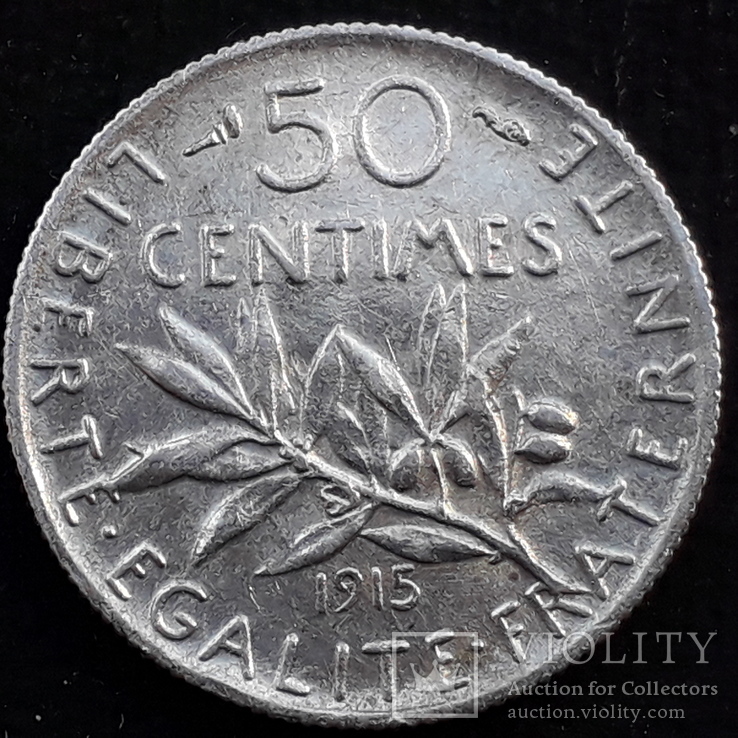 50 сантимов, Франция, 1915 год, серебро, 2.5 грамм, 835-я проба