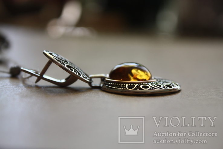 Серебряные серьги с янтарем и золотой проволокой, фото №5