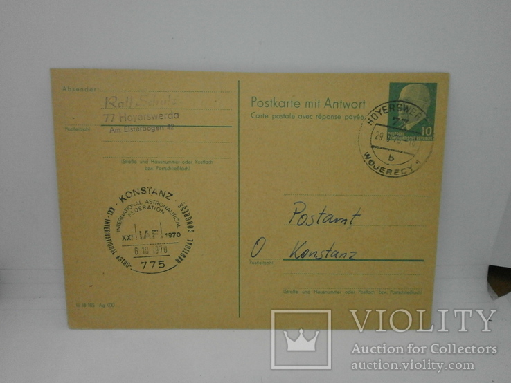 1970 Германия Карточка КПД с маркой и гашением. Космос. Федерация Астрономии, фото №2