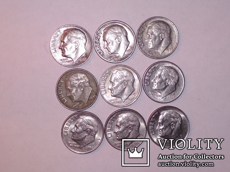 Монеты США 10ц. - 9 штук., фото №2
