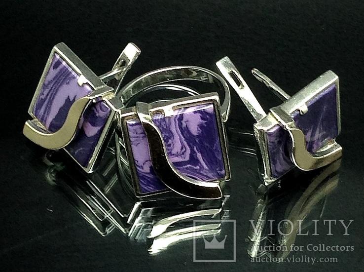 Кольцо, серьги, позолота, фиолетовый камень, фото №2