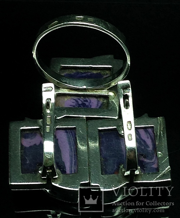 Кольцо, серьги, позолота, фиолетовый камень, фото №3