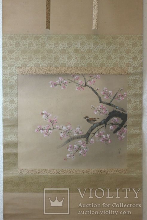 Японский свиток Какэмоно, воробей и сакура художник Chikusen, фото №3