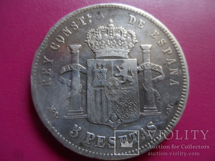 5 песет 1885  Испания  серебро  (S.1.6)~, фото №3