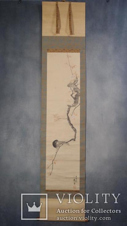 Какэмоно - Традиционный японский свиток - Птица на дереве - конец 19 в. - 184 см х 42 см